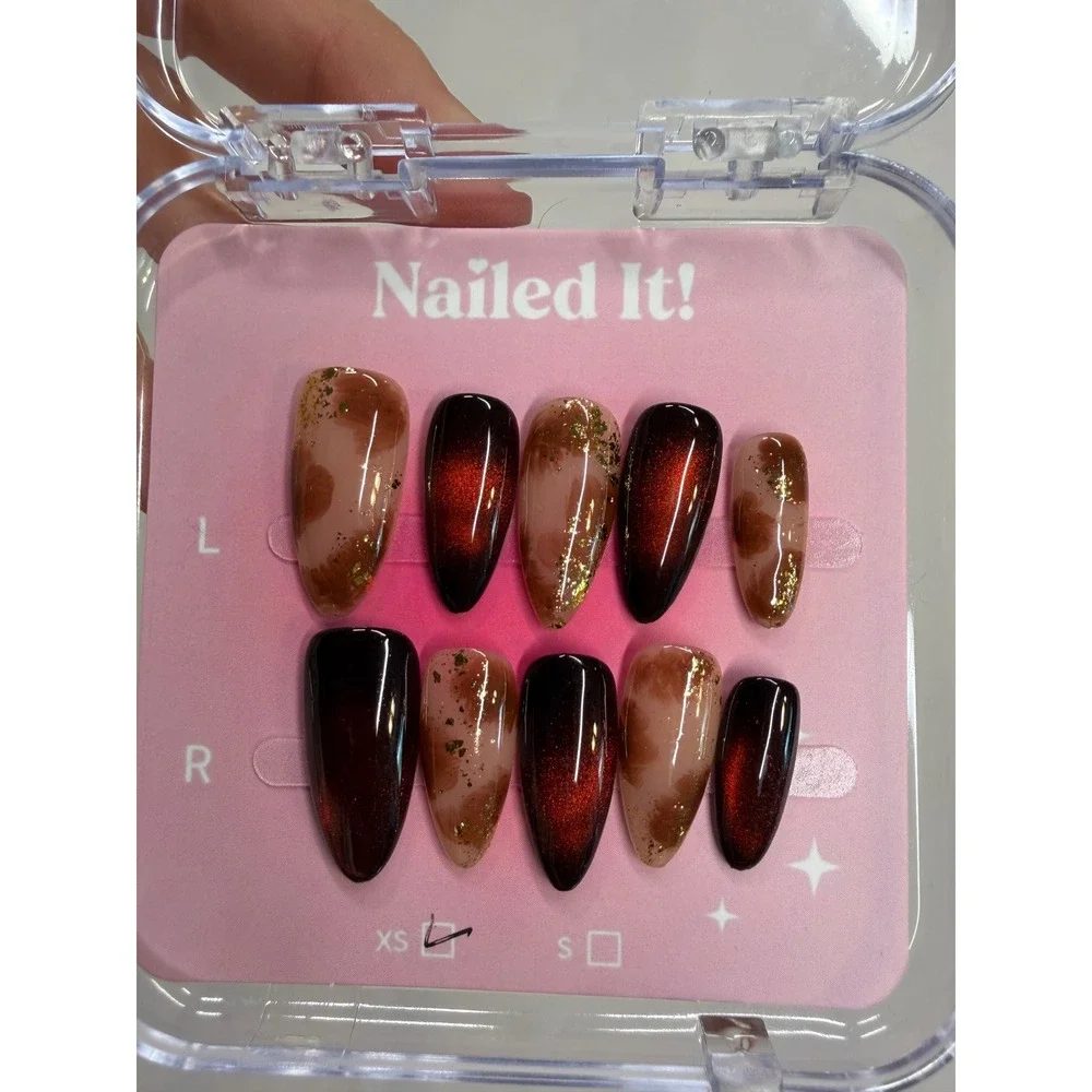 Nailed It! Press On Nails XS Burgundy Cat Eye Gold Flake Marble Almond Shape